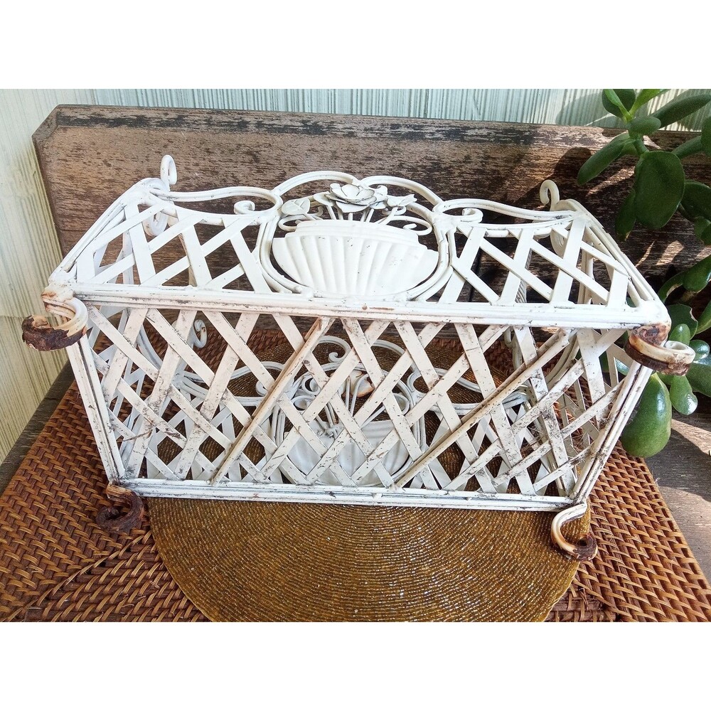 Wrought Iron Planter, Ornate Scrollwork, 1920's Antique, White 24x7, two 6" pots - Picture 6 of 15